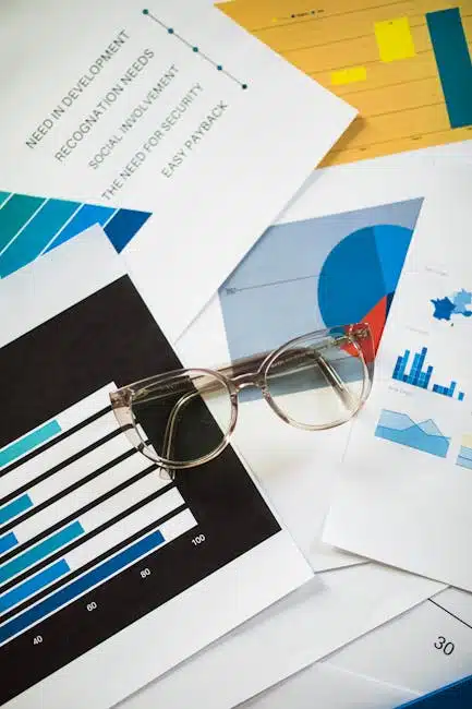 Eyeglasses resting on business charts and documents, ideal for financial analysis themes.